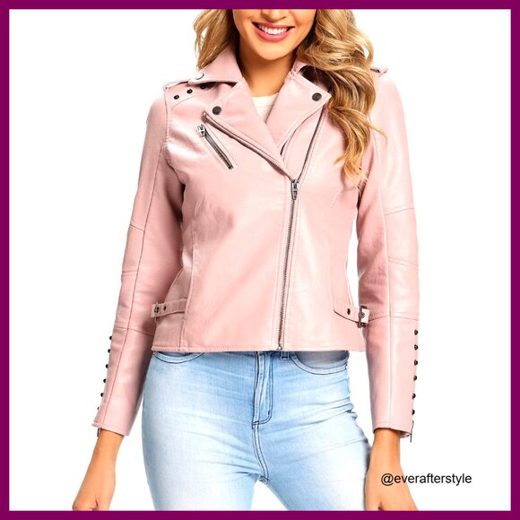 Faux Leather Moto Jacket Double Zip Rivets Biker Outwear Regular Plus Size